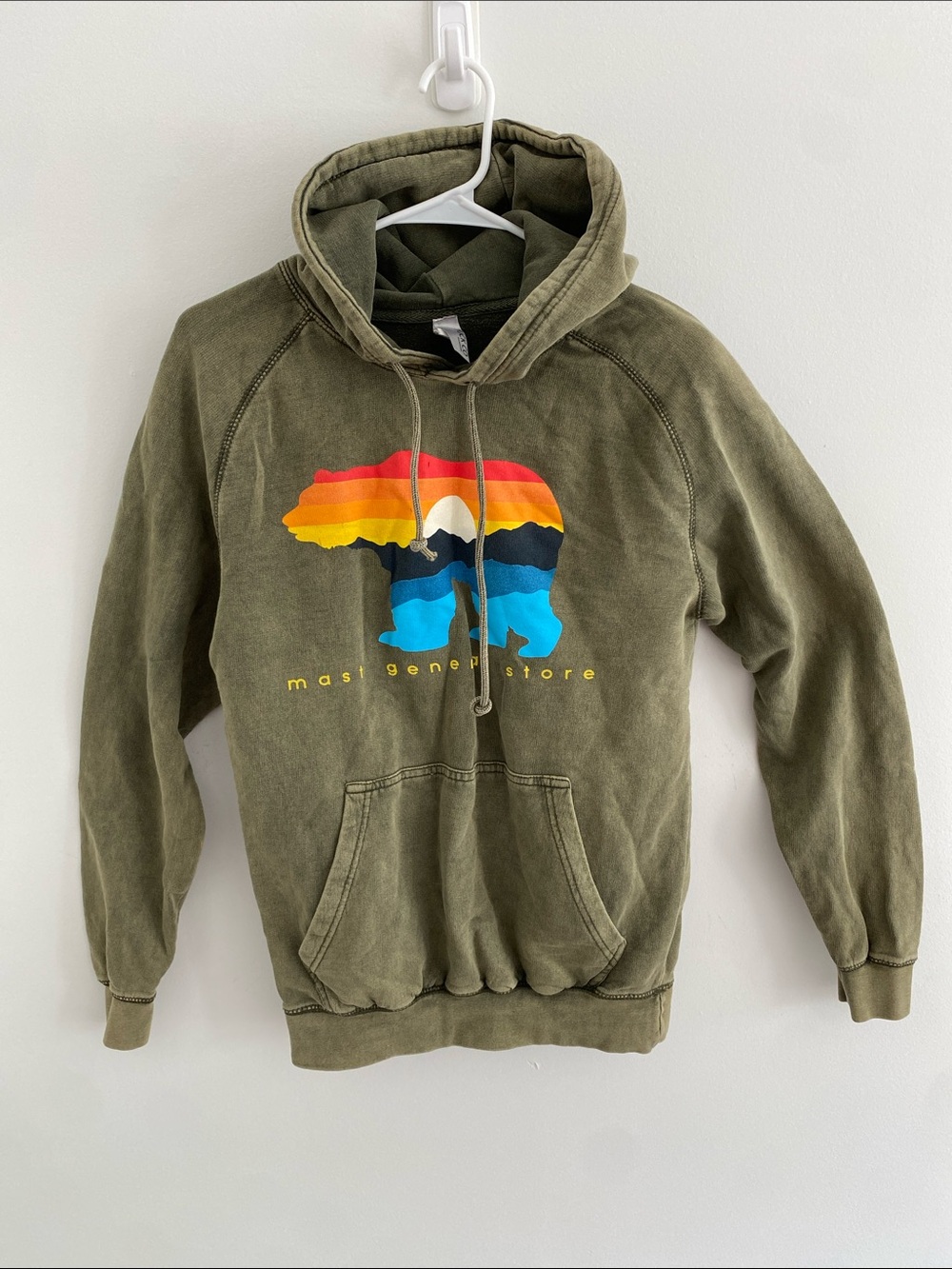 Hoodie Sweatshirt Olive Green Rainbow Bear Graphic Mast General Store Size SMAL